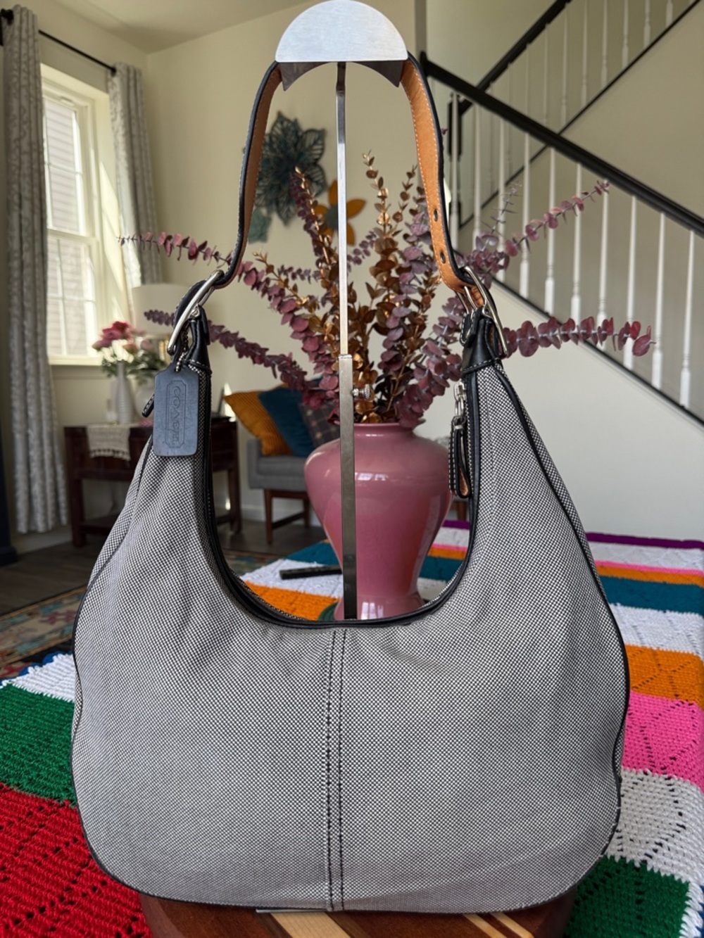 Coach vintage Gray Canvas Hobo with black Leather Strap